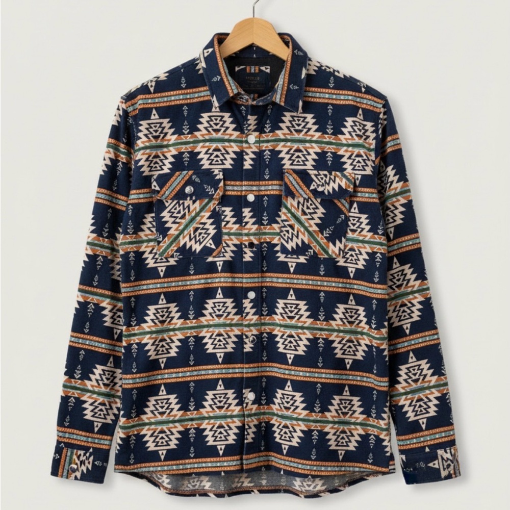 Nomad Navy and Orange Aztec Patterned heavyweight button down shirt size Large